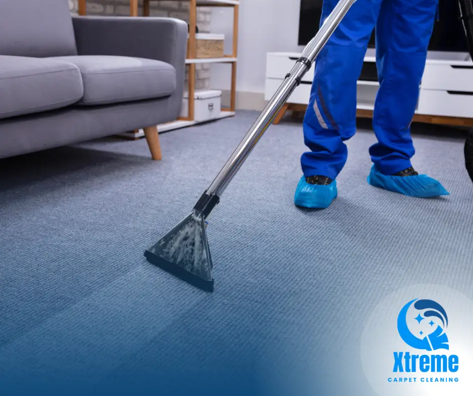 A professional cleaner using a steam cleaning machine on a plush beige carpet in a well-lit modern living room.