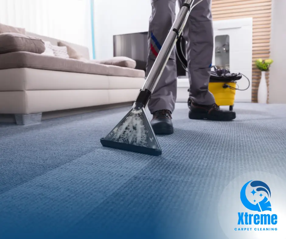 A professional cleaning technician using advanced equipment to deep-clean a carpet in a cozy living room.